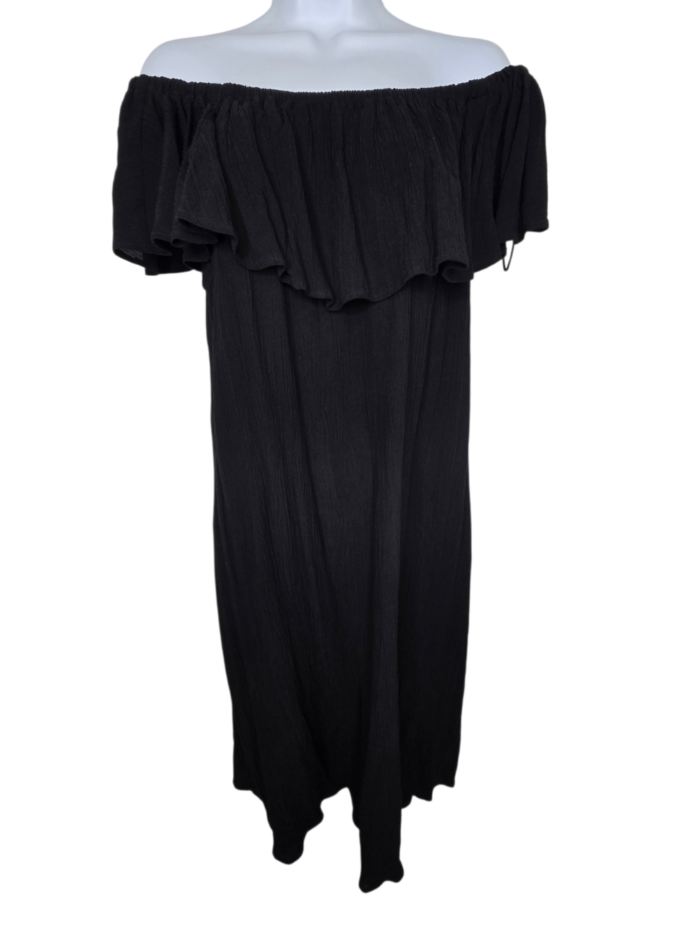 52Seven off-the-shoulder, solid black dress made from a lightweight gauze fabric